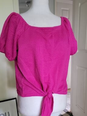 Loft Women's Fuchsia Tie-Front Puff Sleeve Top